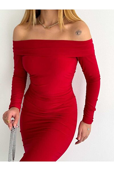 OlaLady Rochie creion cu mânecă lungă pentru femei, cu guler Modonna, drapată, până la ceai