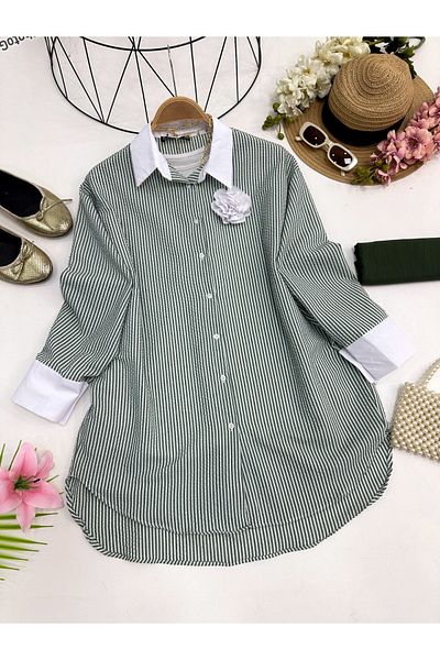 YEDİLALE Striped Shirt with Rose Brooch