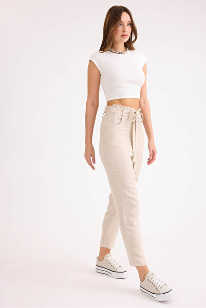 Vitrin High Waist Belted Viscose Linen Trousers