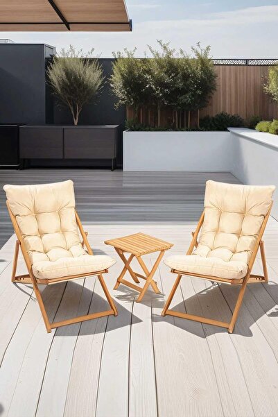 Reyo Flex 2'li Ahşap Puf Minderli Bahçe, Balkon, Teras ve Plaj Katlanır Şezlo...