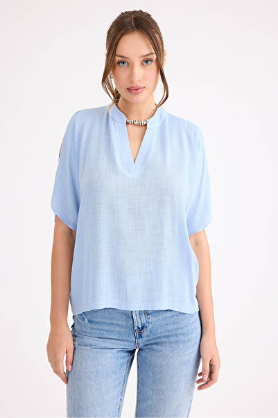 Vitrin Judge Collar Sleeve Detailed Linen Blouse