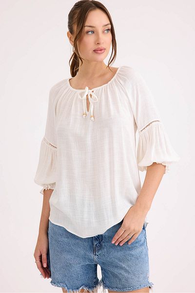 Vitrin Elastic Sleeve Front Tie Linen Blouse