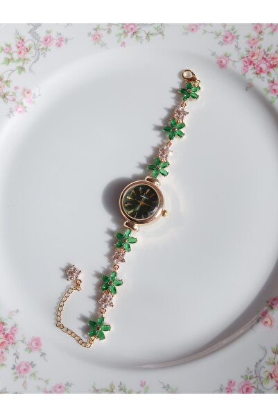 Reorah Collection Emerald Flower Saat-Zirkon Taşlı Yeşil Beyaz Çiçekli Saat