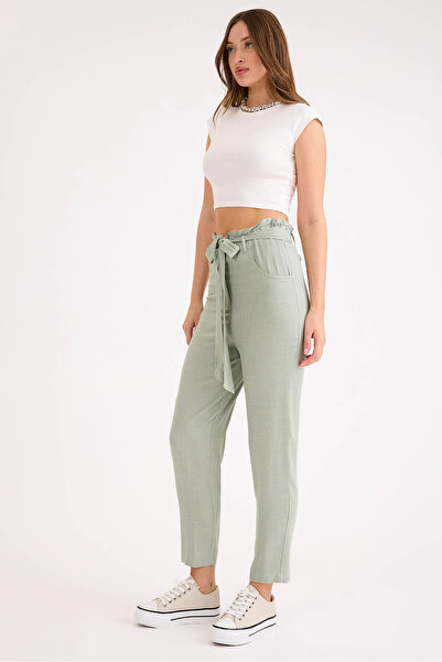 Vitrin High Waist Belted Viscose Linen Trousers