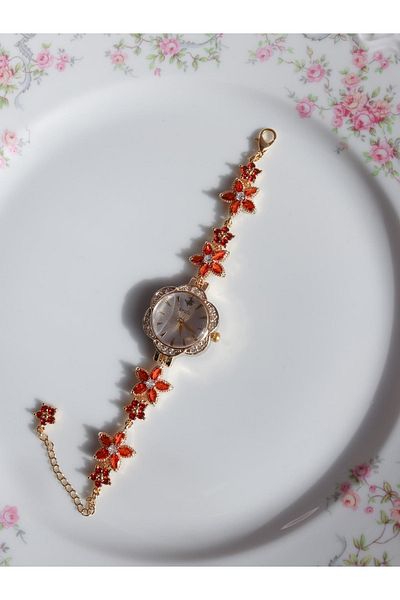Reorah Collection Fall in Istanbul Clock - Orange Flower Clock with Zircon Stones