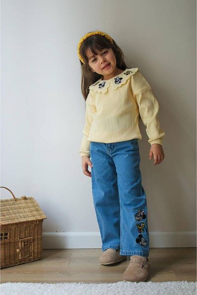 bakyaa Girl's Baby Collar Badili Micky Embroidered Denim Trousers Set