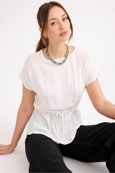 Vitrin Round Neck Linen Blouse with Drawstring Waist