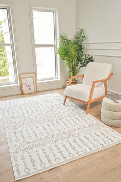 Konfor Halı Moderno 3331 Bej Beyaz Etnik Desen Dokuma Halı Salon Oturma Odası...