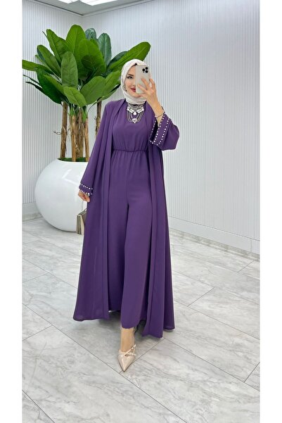 FIRSTESLEM İncili Tulum ve Abayalı Dubai Krep Kadın Şık tulumlu Abaya takımı