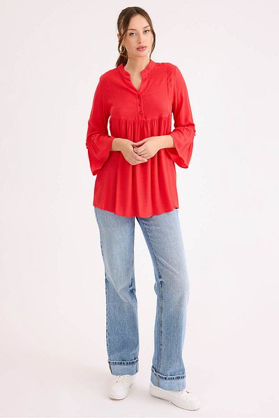 Vitrin Sleeve Ruffle Detailed Viscose Linen Buttoned Blouse
