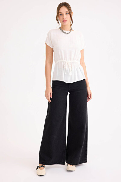 Vitrin Round Neck Linen Blouse with Drawstring Waist