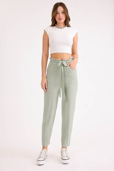 Vitrin High Waist Belted Viscose Linen Trousers