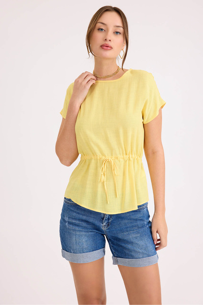 Vitrin Round Neck Linen Blouse with Drawstring Waist