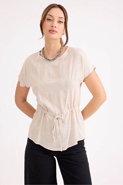 Vitrin Round Neck Linen Blouse with Drawstring Waist