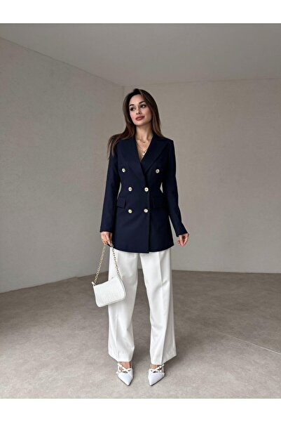 Genel Markalar Kadın Çift Düğme Atlas Kumaş Ceket