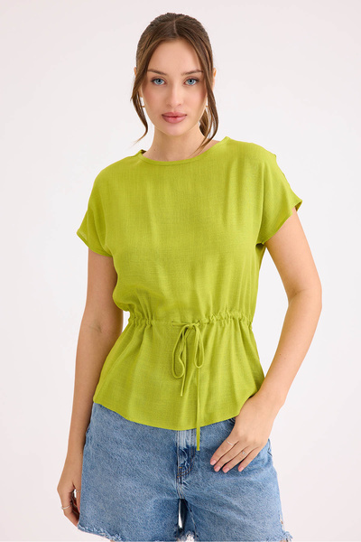 Vitrin Round Neck Linen Blouse with Drawstring Waist