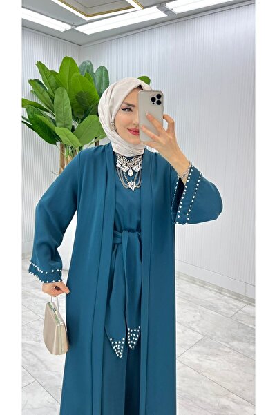 FIRSTESLEM İncili Tulum ve Abayalı Dubai Krep Kadın Şık tulumlu Abaya takımı