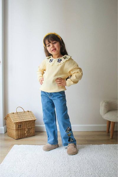 bakyaa Girl's Baby Collar Badili Micky Embroidered Denim Trousers Set