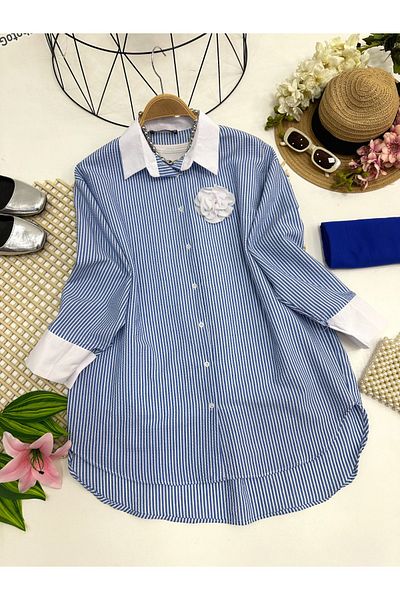 YEDİLALE Striped Shirt with Rose Brooch