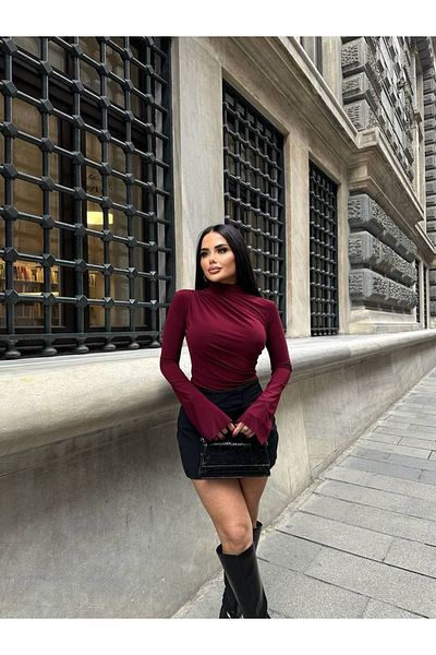 ALLEYTA Bluză cu șnur cu guler în picioare pentru femei, cu mâneci spaniole