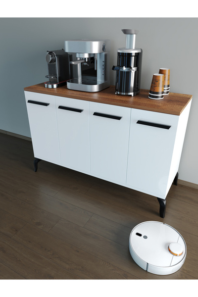 Kar mobilya Aksesuar Modern Konsol Kahve Dolabı | 4 Kapaklı Kiler Mutfak Dolabı – Beyaz Ceviz