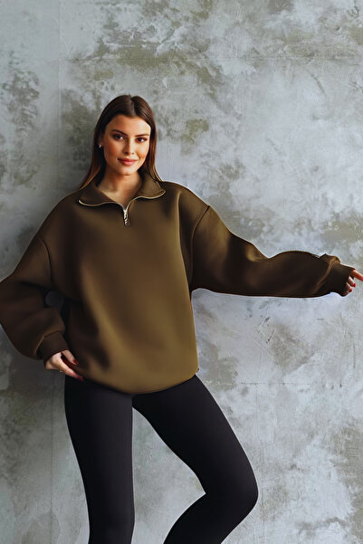 YAKAMEL Unisex 3 İplik Oversize Şardonlu Yarım Fermuarlı Swetshirt