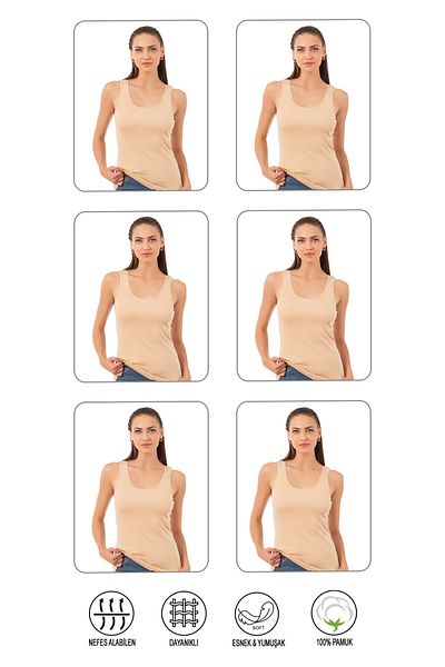ÖZKAN underwear Özkan 0111 Pack of 6 Women's 100% Cotton Ribbed Flexible Comfortable Ribbed Thick Strap Knitted Undershirt