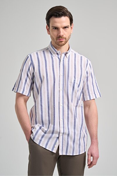 İmza Cotton Casual Comfort Fit Shirt - Short Sleeve, Stripe Pattern, Cloth Feet, Button Collar, Pocket 1004250167