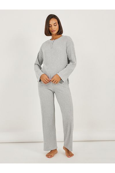 Styli Brushed Rib Placket Detail Drop Shoulder Top and Pyjama Set