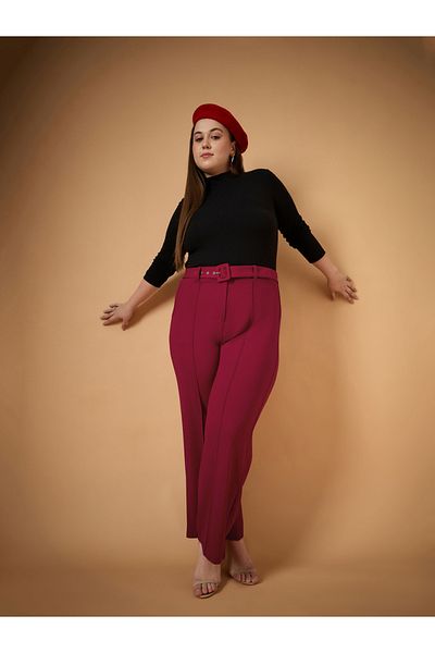 Sassafras By Styli Plus Size Solid Belted Straight Fit Pants with Pintuck Details