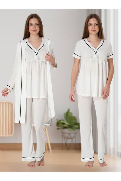 Pelin Women's Ecru Black Bias Maternity Maternity Dressing Gown Pajama Set