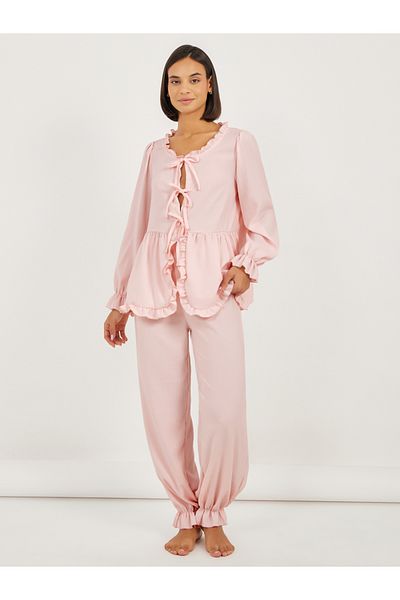 Styli Ruffle Edge Tie Front Tiered Hem Top and Cuffed Pyjama Set