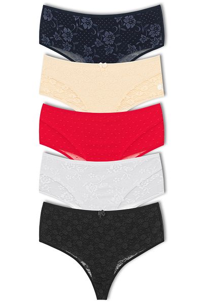 HNX 5-Piece Front Double Layer Lined Lace High Waist Cotton Thong Women's Panties