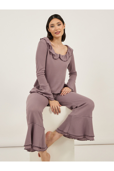 Styli Rib Ruffle Collar Flared Sleeves Top and Flared Pyjama Set
