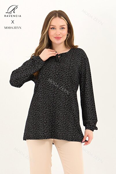 Ravencia بلوزة نسائية من القطن الممشط باللونين الأسود والأبيض من الليكرا بنمط...