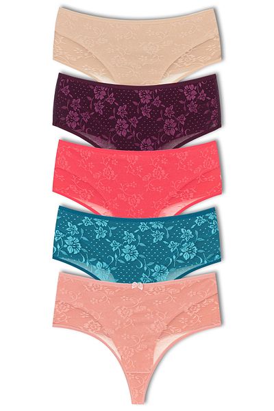 HNX 5-Piece Front Double Layer Lined Lace High Waist Cotton Thong Women's Panties