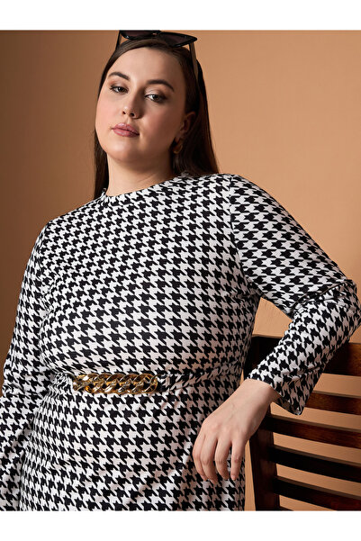 Sassafras By Styli Plus Size Houndstooth Print Belted A-Line Mini Dress