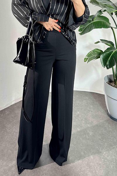 Butik Gardrop Pantaloni Palazzo cu fermoar lateral complet din Lycra, negri