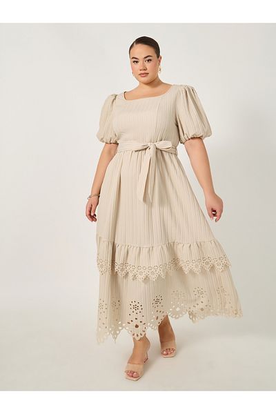 Styli Plus Size Cut-Out Pattern Tiered Maxi Dress with Tie Belt