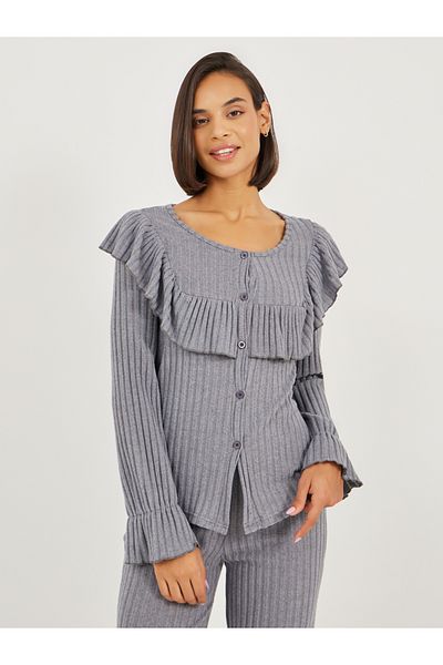 Styli Rib Ruffled Front Button Detail Top and Pyjama Set