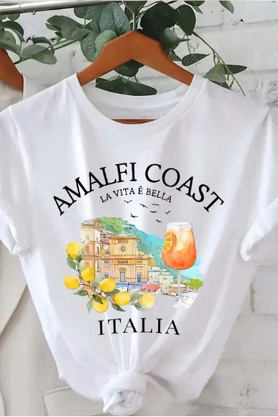 SAJA Tricou cu decolteu cu mânecă scurtă oversize pentru femei/fete AMALFI COAST ITALIA