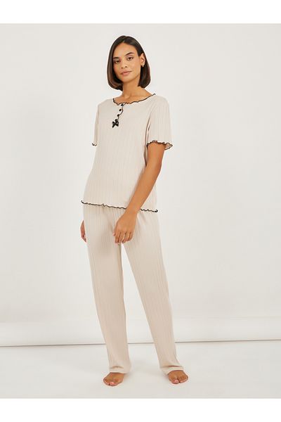 Styli Brushed Rib Contrast Edge Placket T-Shirt and Pyjama Set