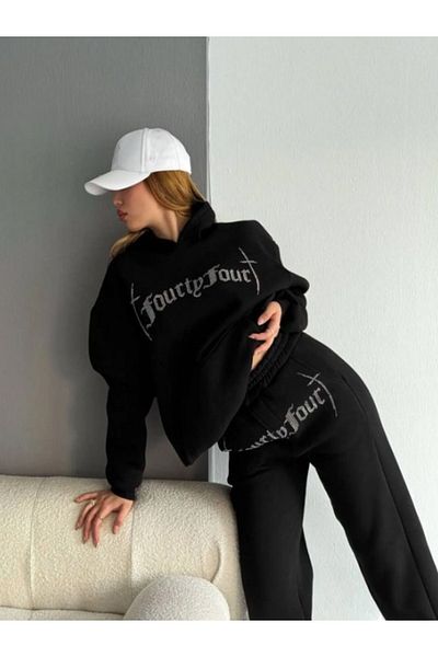 Gameyal Unisex Oversize Stone Embroidered Hooded Sweatshirt Set