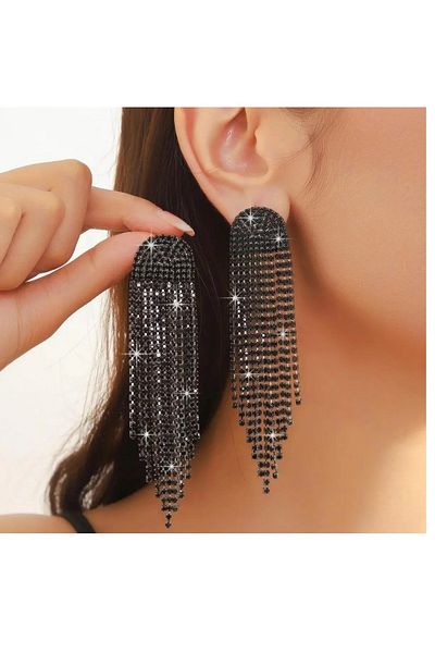 mos&more Black Stone Dangle Sparkling Long Women's Evening Dress Earrings, Tassel Earrings, Waterway
