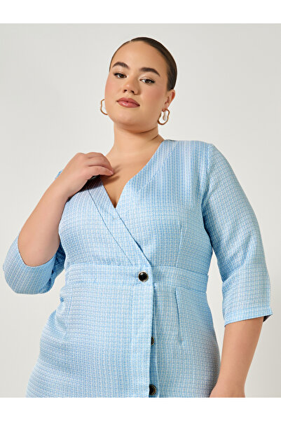 Styli Plus Size Textured V-Neck Wrap Midi Dress