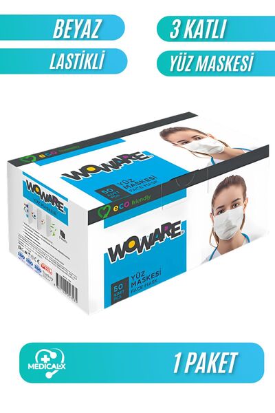 Medicalx Lastikli Beyaz Tıbbi Yüz Maskesi 3 Katlı 50 Adet