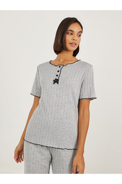 Styli Brushed Rib Contrast Edge Placket T-Shirt and Pyjama Set