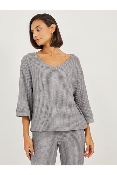 Styli Waffle Knit V Neck Dropped Shoulder T-Shirt and Pyjama Set
