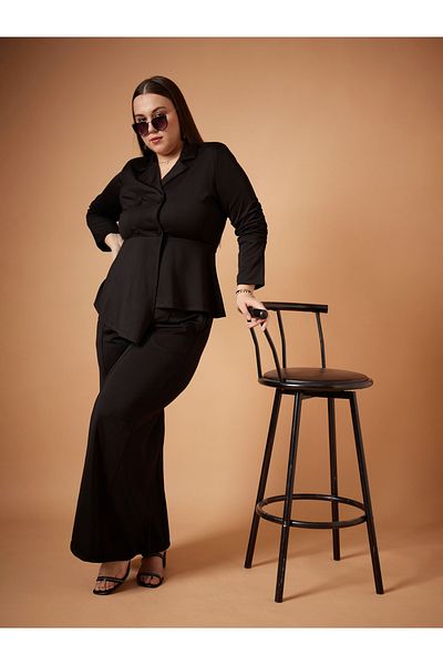 Sassafras By Styli Plus Size Ruched Sleeves Blazer and Straight Pants Set