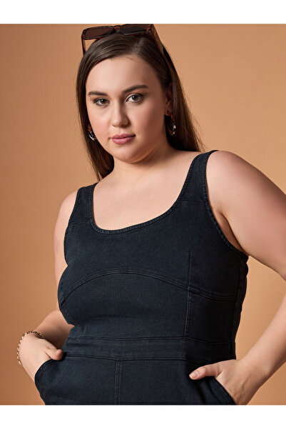 Sassafras By Styli Plus Size Denim Front Slit Sheath Midi Dress